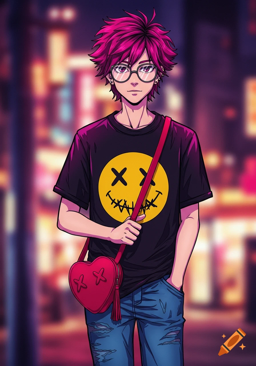 An anime boy with pink hair, glasses, a black t-shirt with a yellow X-eyed smiley face, blue jeans, and a red heart purse.