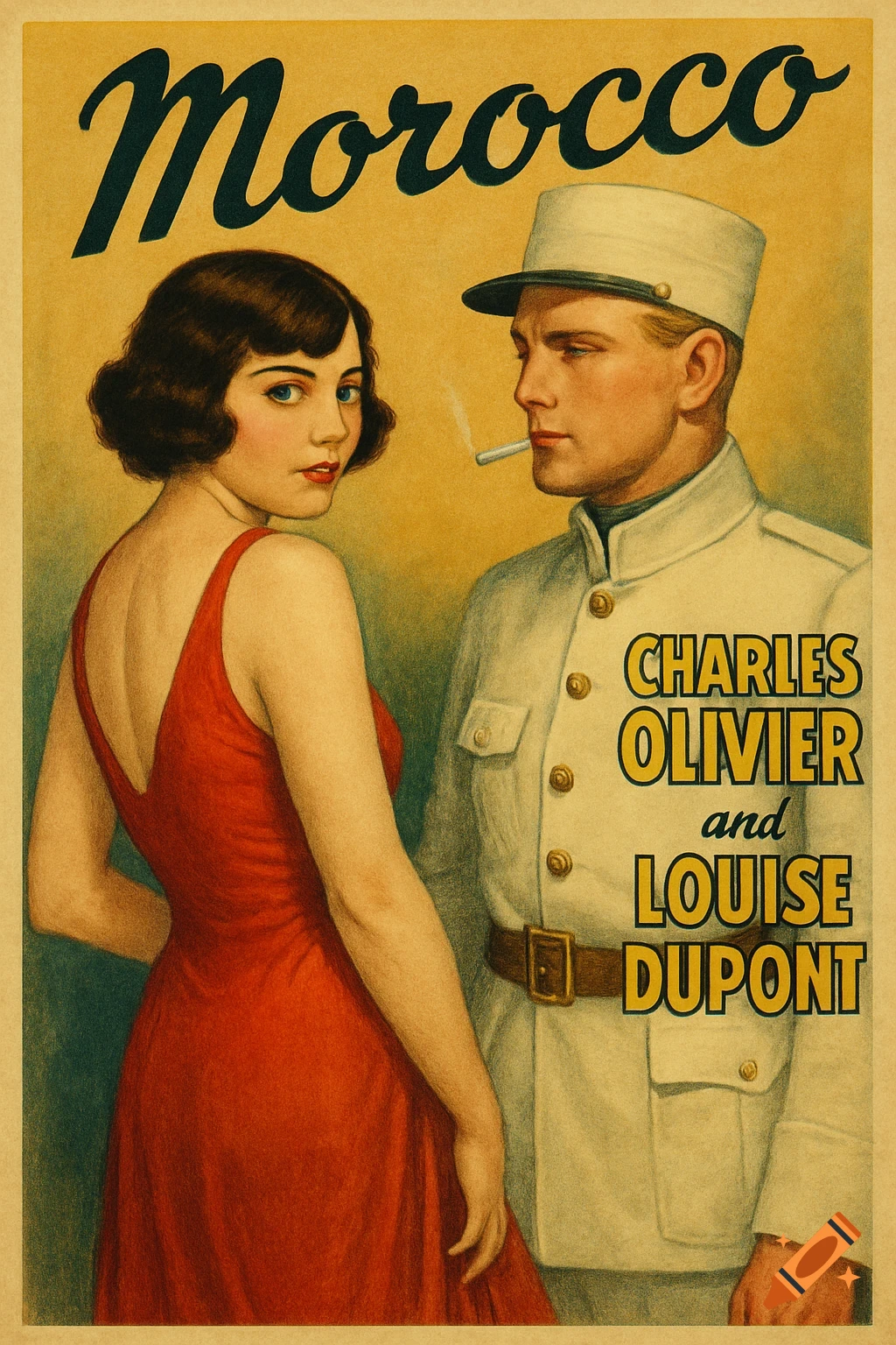 Vintage movie poster: Woman in red dress looking back, man in white uniform smoking. Title 'Morocco', featuring Charles Olivier and Louise Dupont.