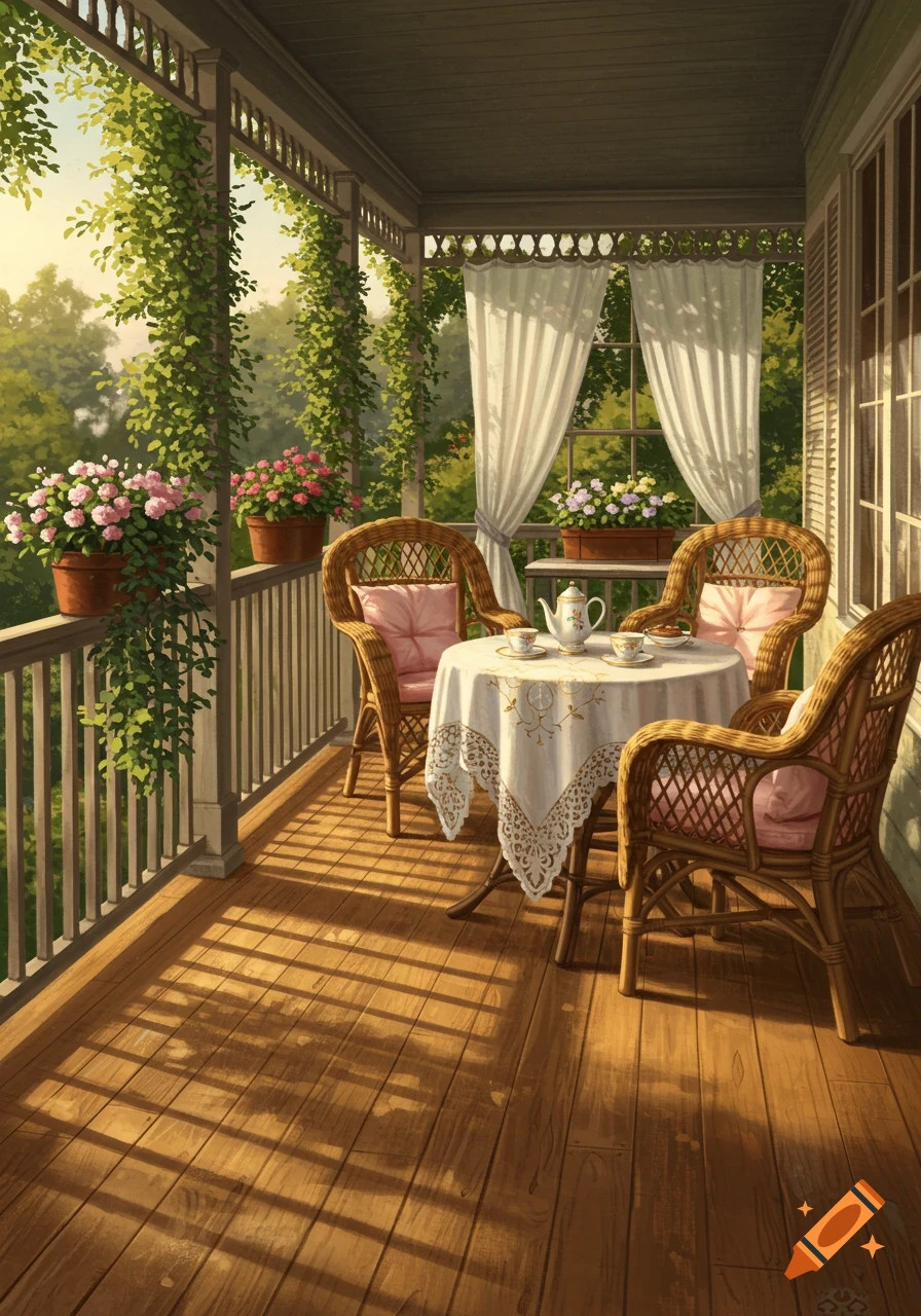 A sunlit verandah with climbing vines, potted pink flowers, wicker chairs, and a table set for tea with a white tablecloth.