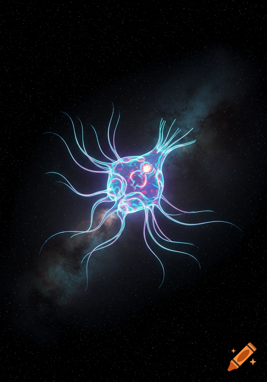 A glowing, neon-colored abstract organism or cell-like structure floating in deep space with distant stars and a nebula.