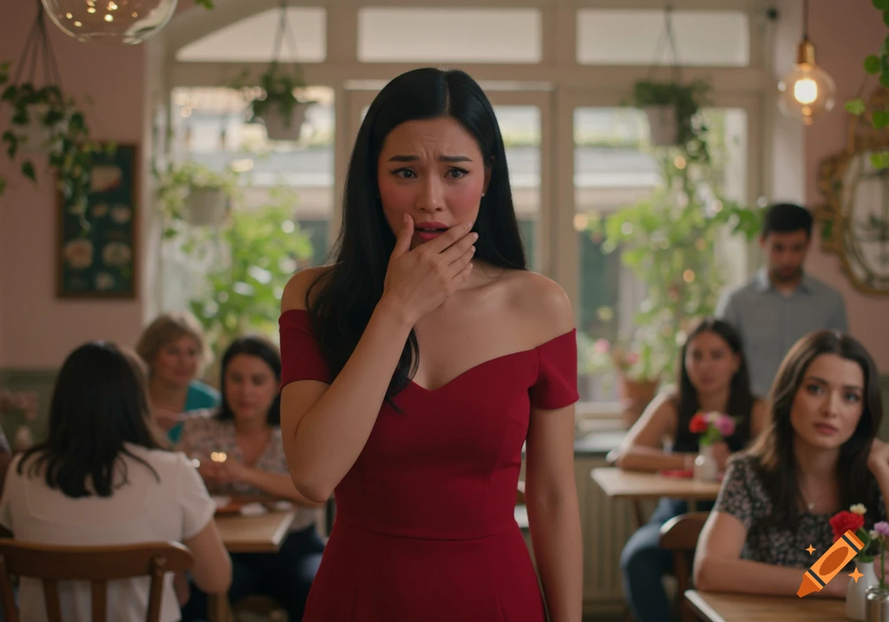 An Asian woman in a red off-shoulder dress looks embarrassed, hand to mouth, in a busy restaurant.