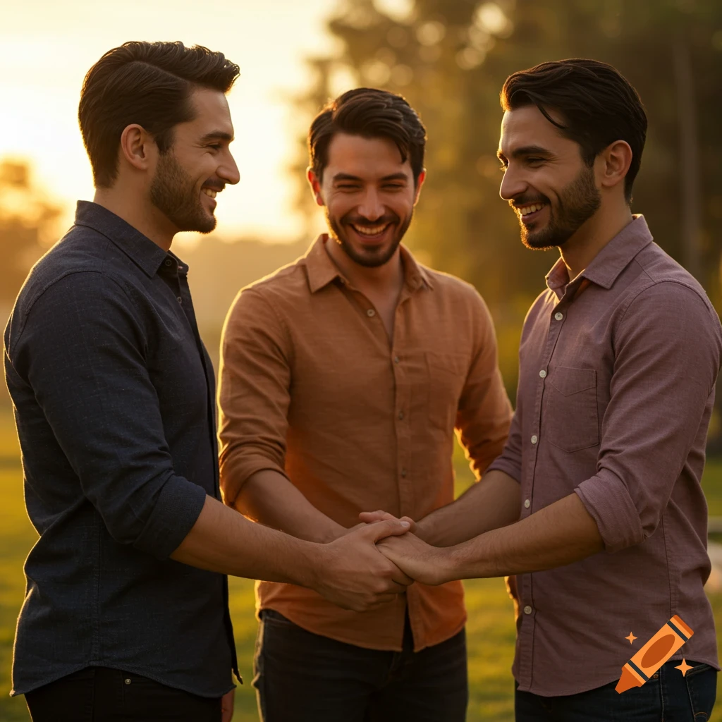 Three smiling men in collared shirts shake hands outdoors at sunset, with warm lighting and a soft background.