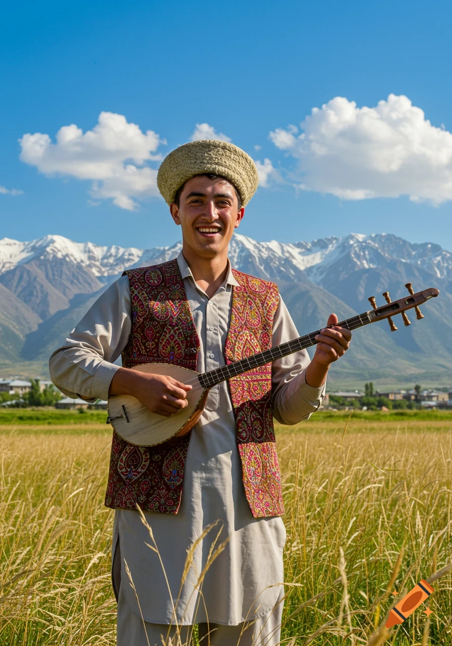 A young man in a traditional vest and wool hat smiles while playing a dambura in a sunny field with snow-capped mountains.