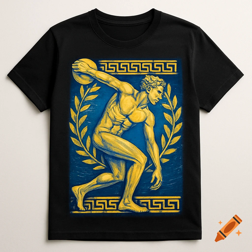 A black t-shirt features a yellow and blue illustration of a Hellenic discus thrower with a laurel wreath and Greek key patterns.