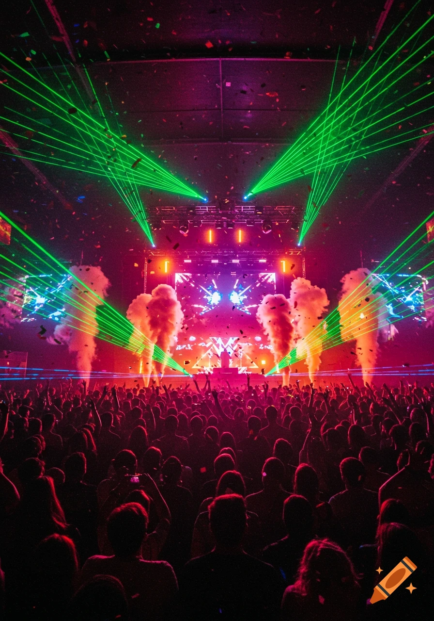 A vibrant photorealistic image of a large crowd at an EDM festival with green lasers, smoke, and colorful stage lighting.