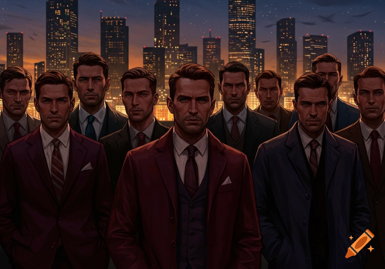 An illustration of a group of stern-faced men in suits standing in front of a city skyline at dusk.