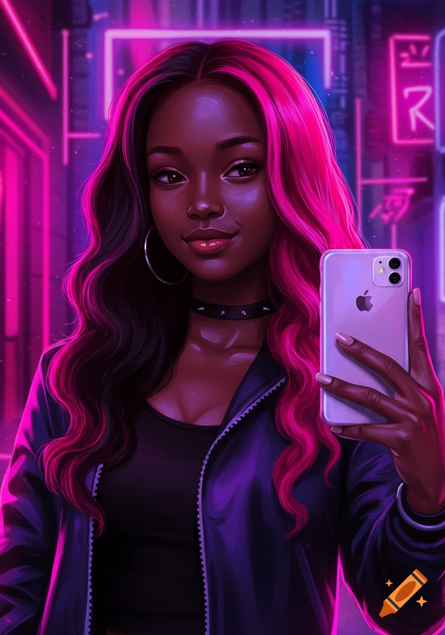 Digital art of a dark-skinned woman with pink and black hair taking a selfie in a neon-lit city.