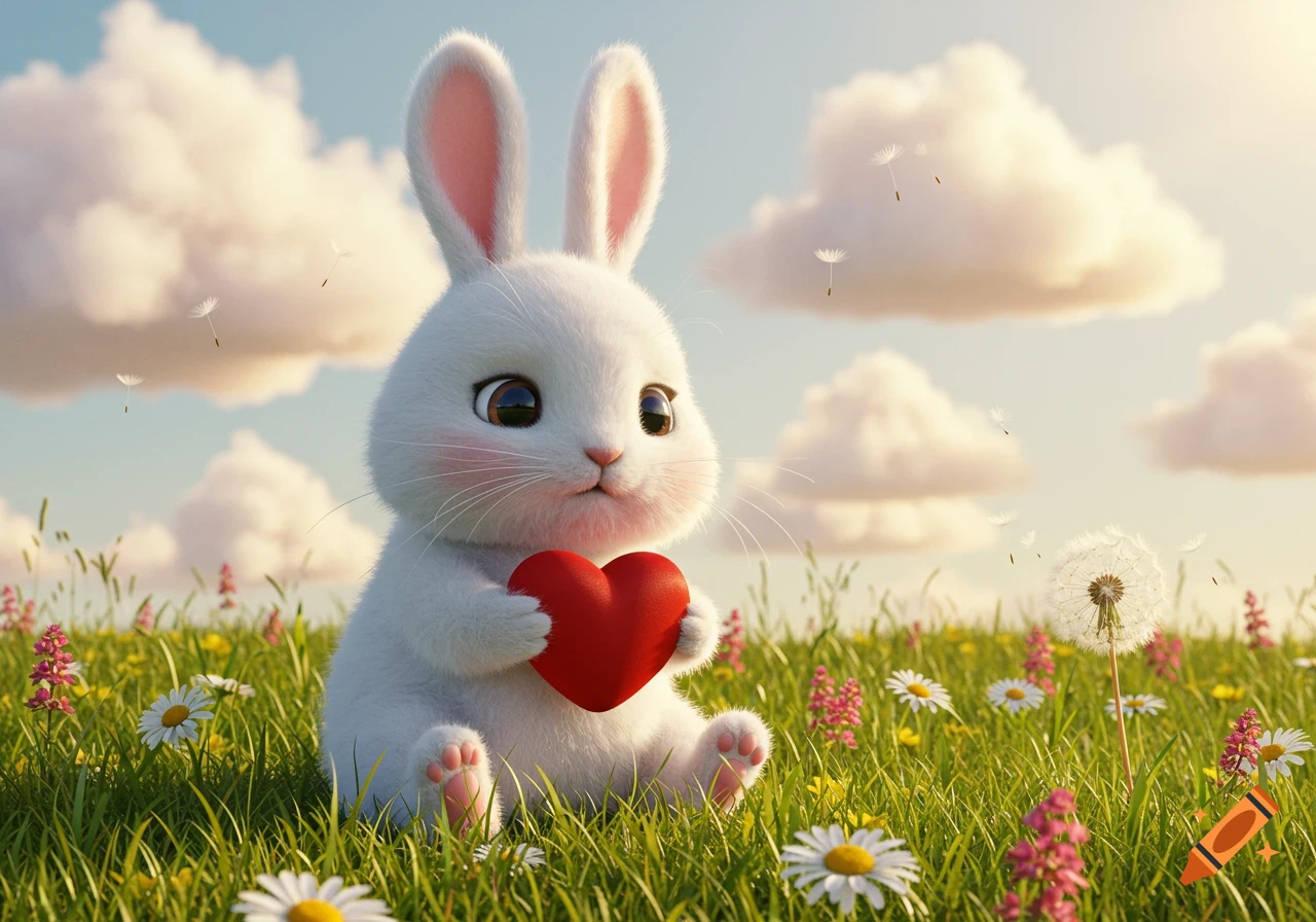 A cute, fluffy white bunny sits in a sunny green field with white and pink flowers, holding a red heart.