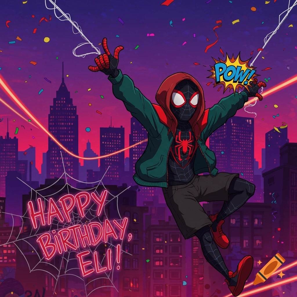 Miles Morales Spider-Man swings through a city at night with confetti and a 'Happy Birthday, Eli!' message in a comic book style.