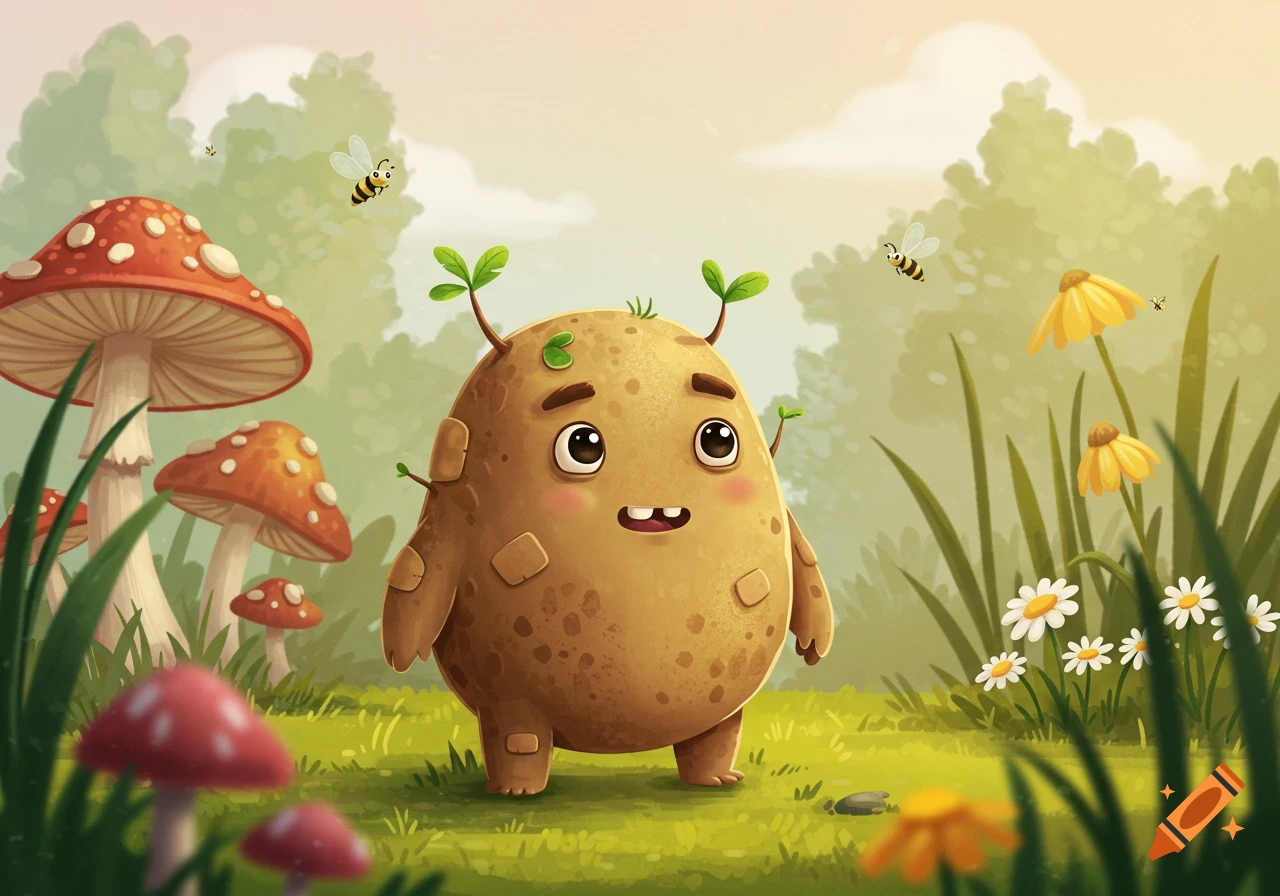 A cute cartoon potato monster with green sprouts and a happy face stands in a vibrant green field with red mushrooms, yellow flowers, and flying bees.
