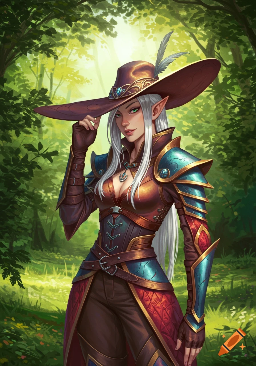 A smirking elven woman with white hair, green eyes, and ornate blue and red fantasy armor, holding her large hat in a vibrant forest, digital art.
