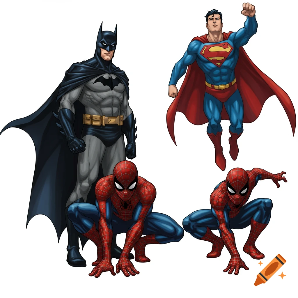 Batman, Superman, and two Spider-Man figures on a white background in a modern animation style. Batman stands, Superman flies, and Spider-Man crouches.
