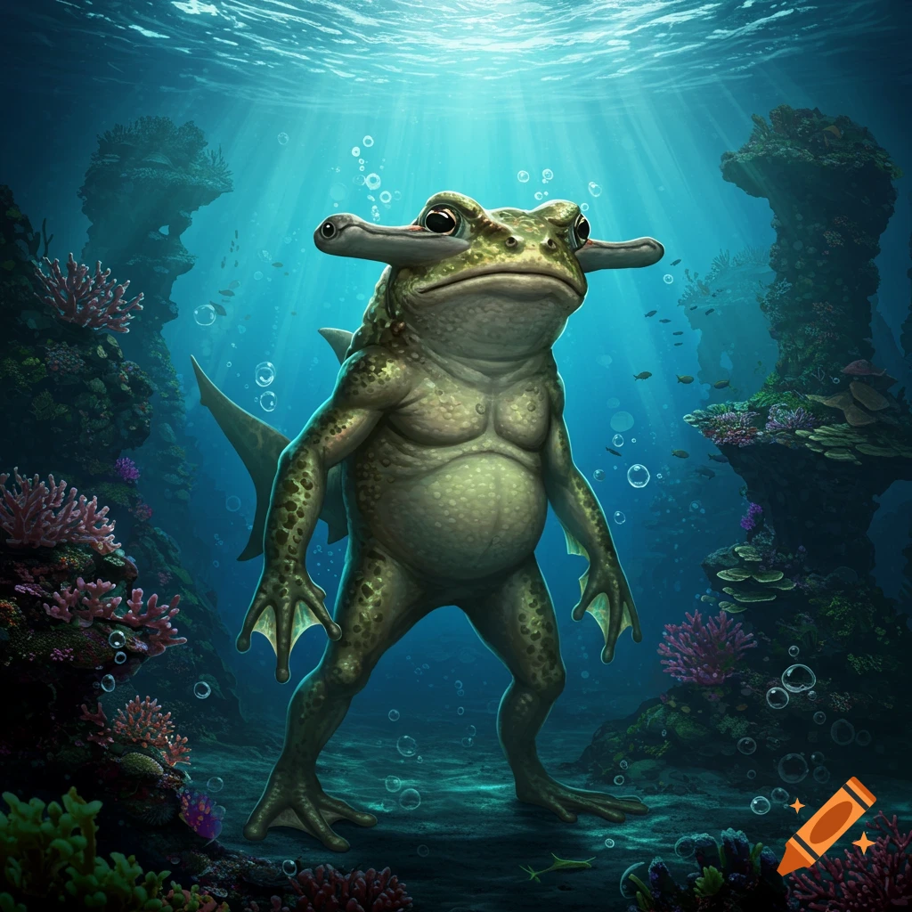 A muscular hammerhead toad hybrid with a shark tail stands on the seabed amidst coral, with sun rays piercing the clear blue water.