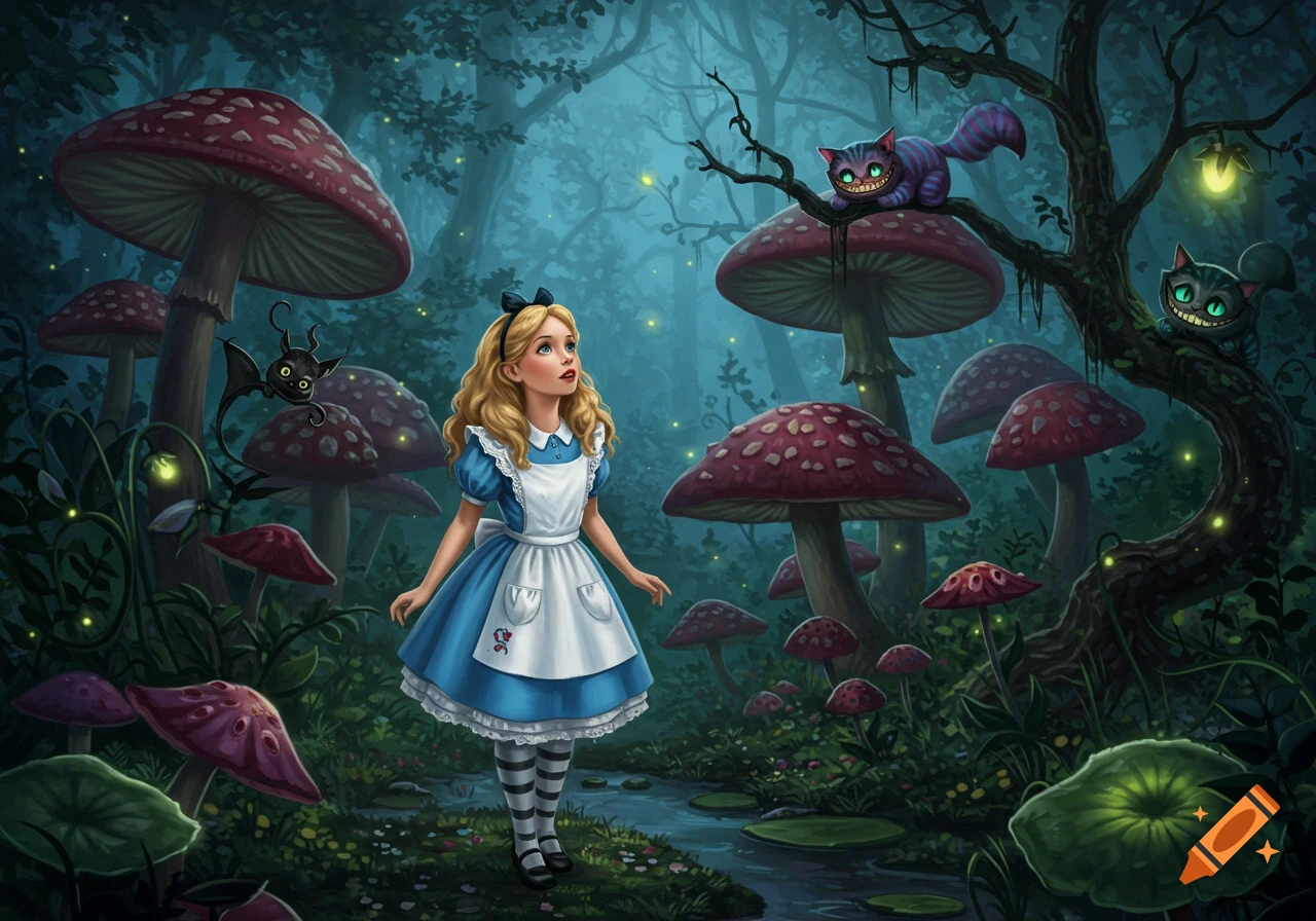Alice in Wonderland stands in a magical forest with giant red mushrooms, glowing fireflies, and two grinning Cheshire cats.