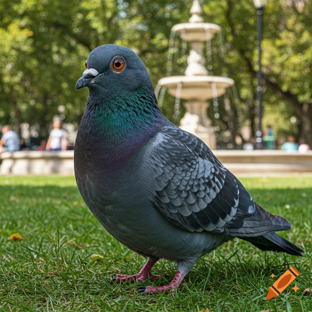 A close-up, photorealistic shot of a pigeon standing on green grass in a park, with a fountain in the background.
