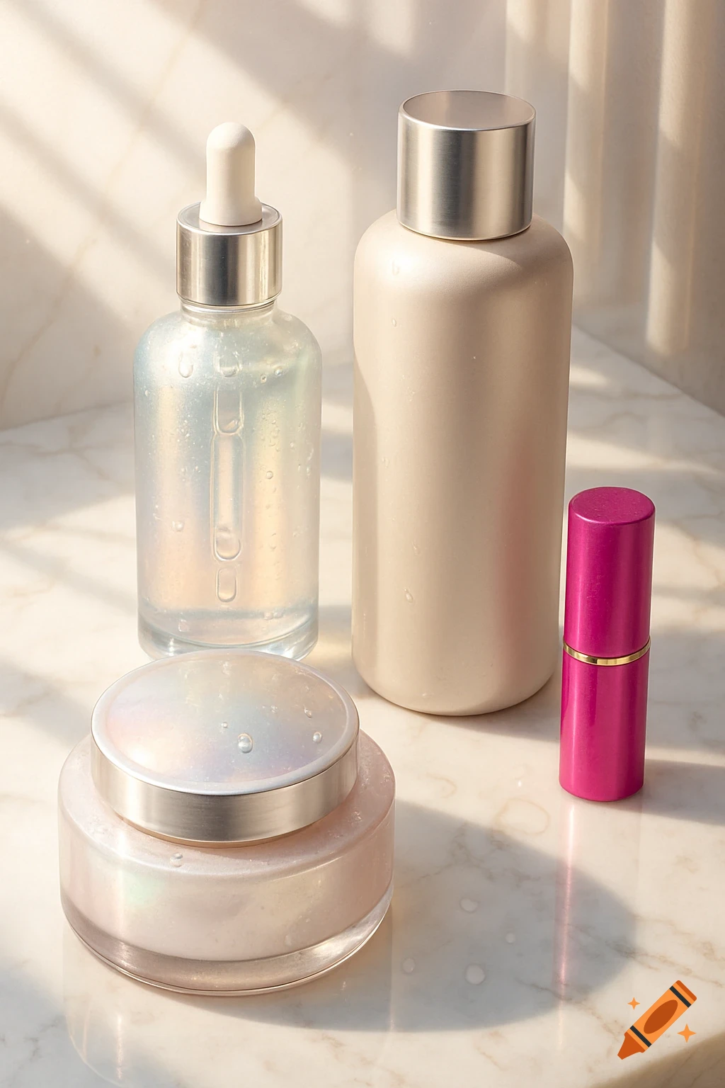 A still life photo of beauty products on a marble surface, including a clear dropper bottle, a beige bottle, a pink lipstick, and a cream jar, bathed in sunlight.