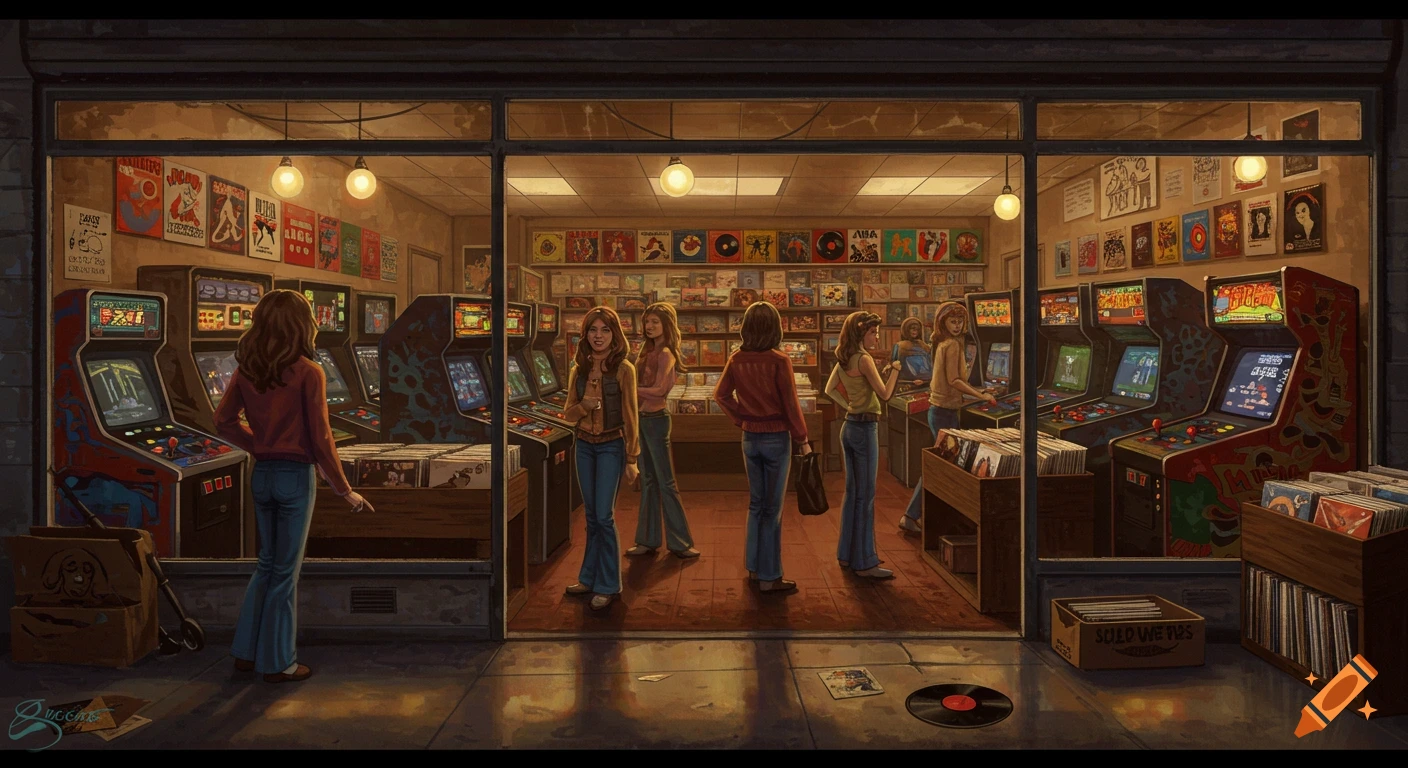 Illustration of several women inside a retro 1970s arcade and vinyl record shop with arcade machines and record shelves.