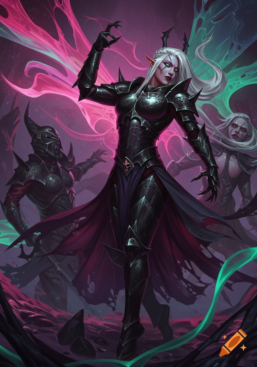 A pale elf-like woman in spiked black armor with glowing eyes, surrounded by pink and green ethereal energy, with two armored figures in the dark background. Dark fantasy art.