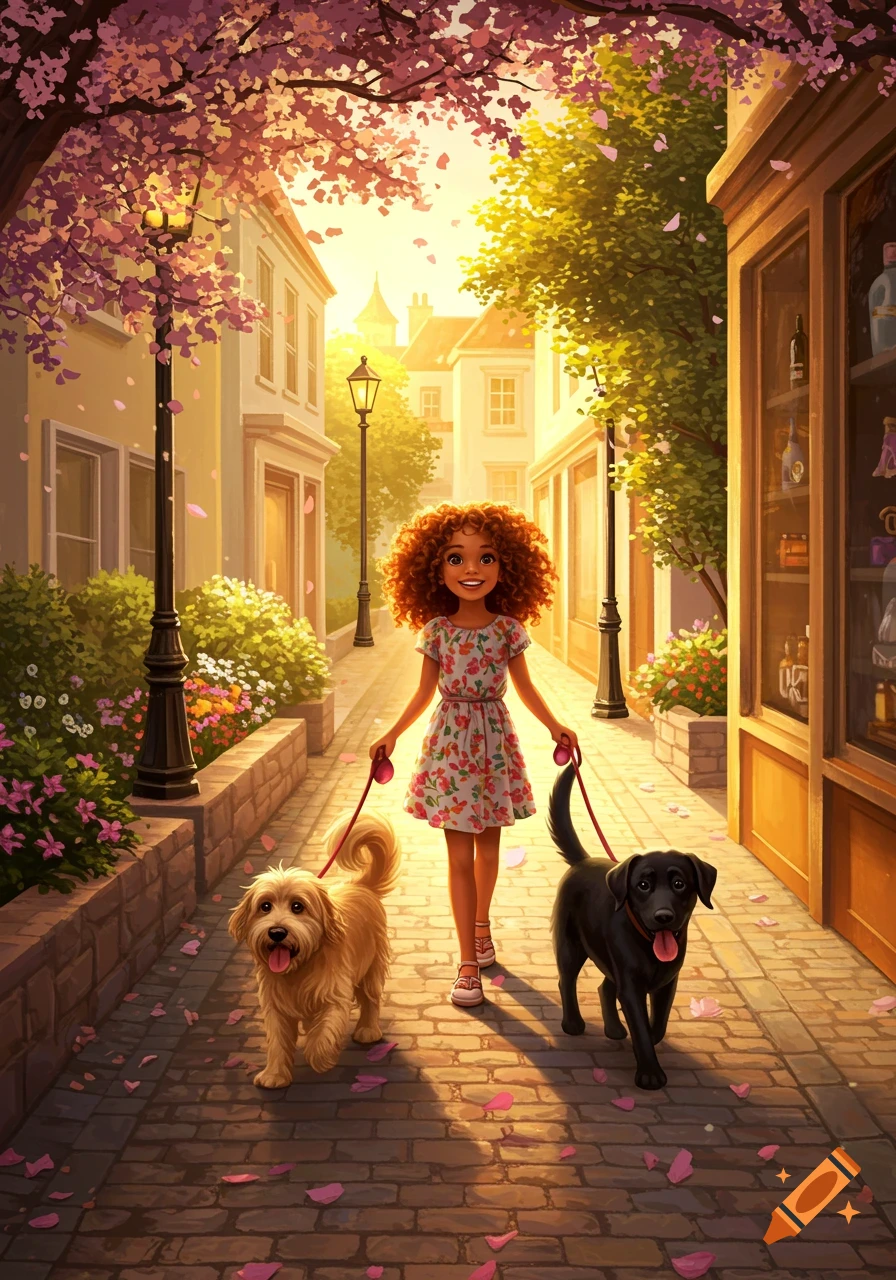 Colorful illustration of a smiling cartoon girl with red curly hair walking a golden retriever and a black lab on a sunny street lined with buildings and pink flowering trees.