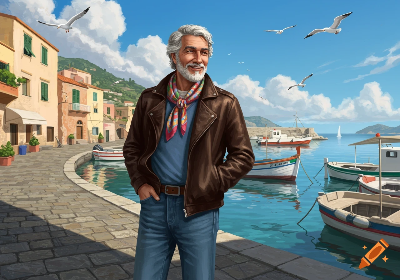 An illustrated man with grey hair and beard, wearing a leather jacket and scarf, stands smiling by a harbor with boats and colorful buildings.