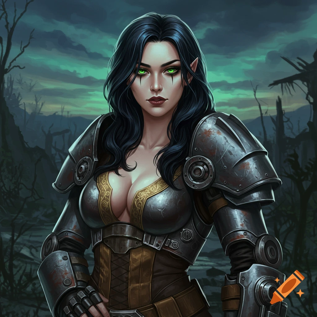 A dark fantasy digital painting of an elf warrior woman with long dark hair, green eyes, wearing ornate metal armor, standing in a desolate landscape.