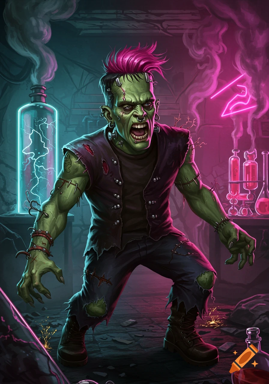 An angry, green-skinned Frankenstein monster with pink punk hair and piercings roars in a neon-lit, sparking laboratory.