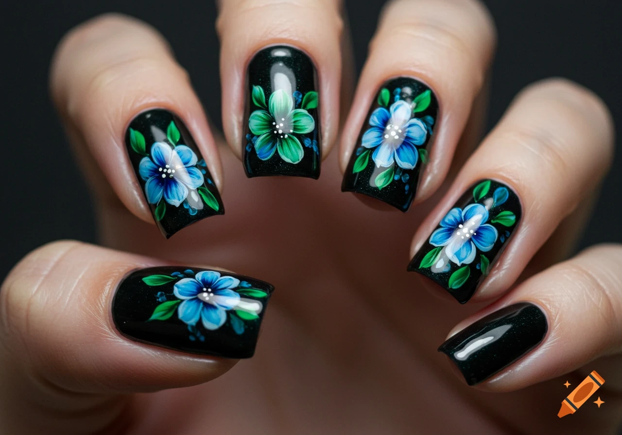 Close-up of a hand with black fingernails featuring detailed blue and green floral designs.