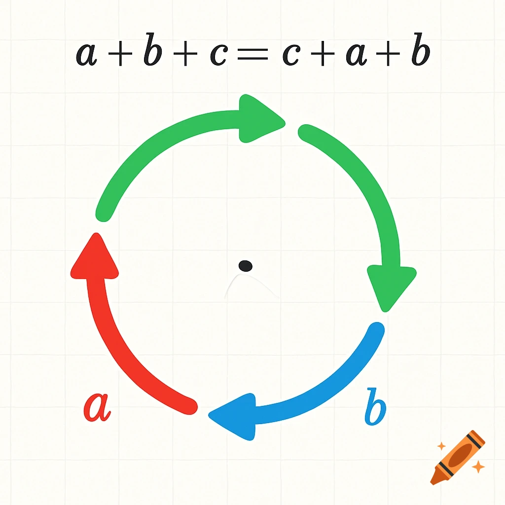 A diagram illustrating the commutative property of addition, showing a+b+c=c+a+b with colored arrows.