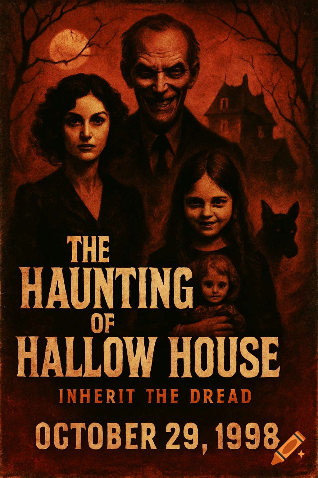 A vintage horror movie poster with a creepy family: an old man, a woman, a girl holding a doll, and a dog, against a haunted house under a red moon. Text: 'The Haunting of Hallow House'.