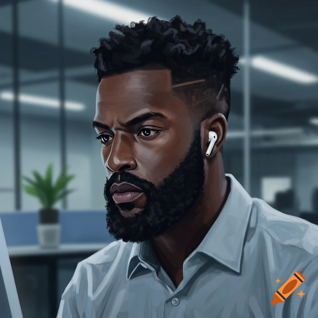 An illustration of an African American man with a beard and drop fade haircut, wearing an AirPod, looking sternly while working in an office.