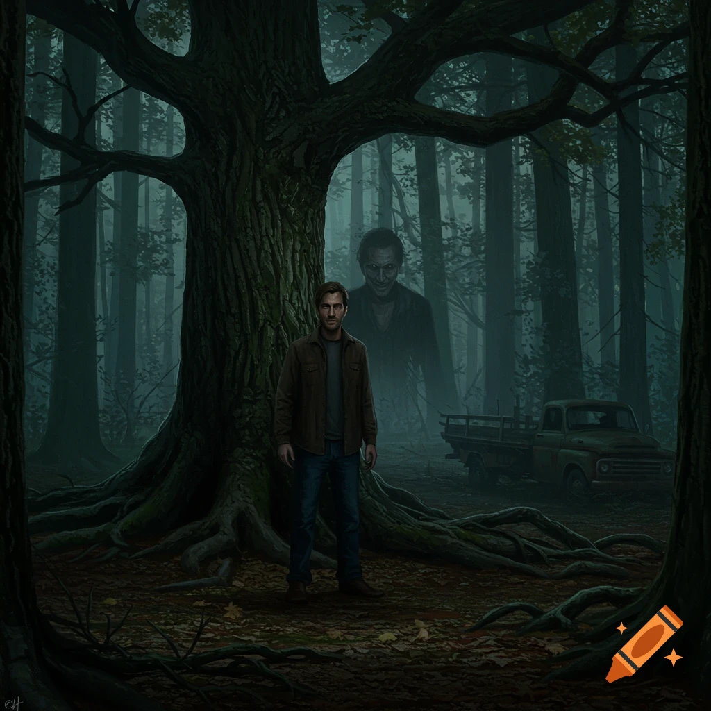 A man stands in a dark, misty forest, with a giant, ghostly, sinister figure looming behind him and an old truck in the distance.