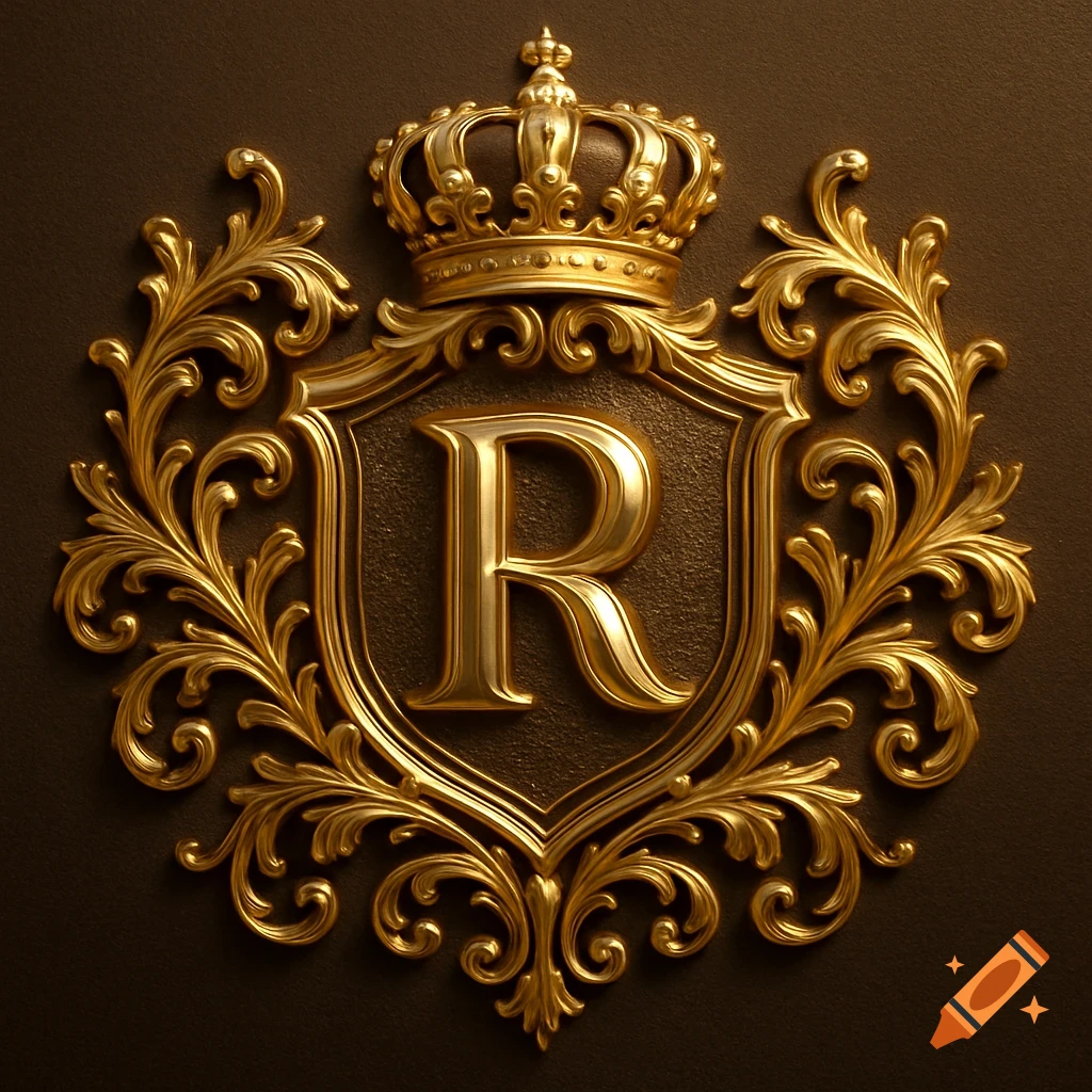 Ornate gold heraldic crest with a letter R, intricate filigree, and a royal crown on a dark background.