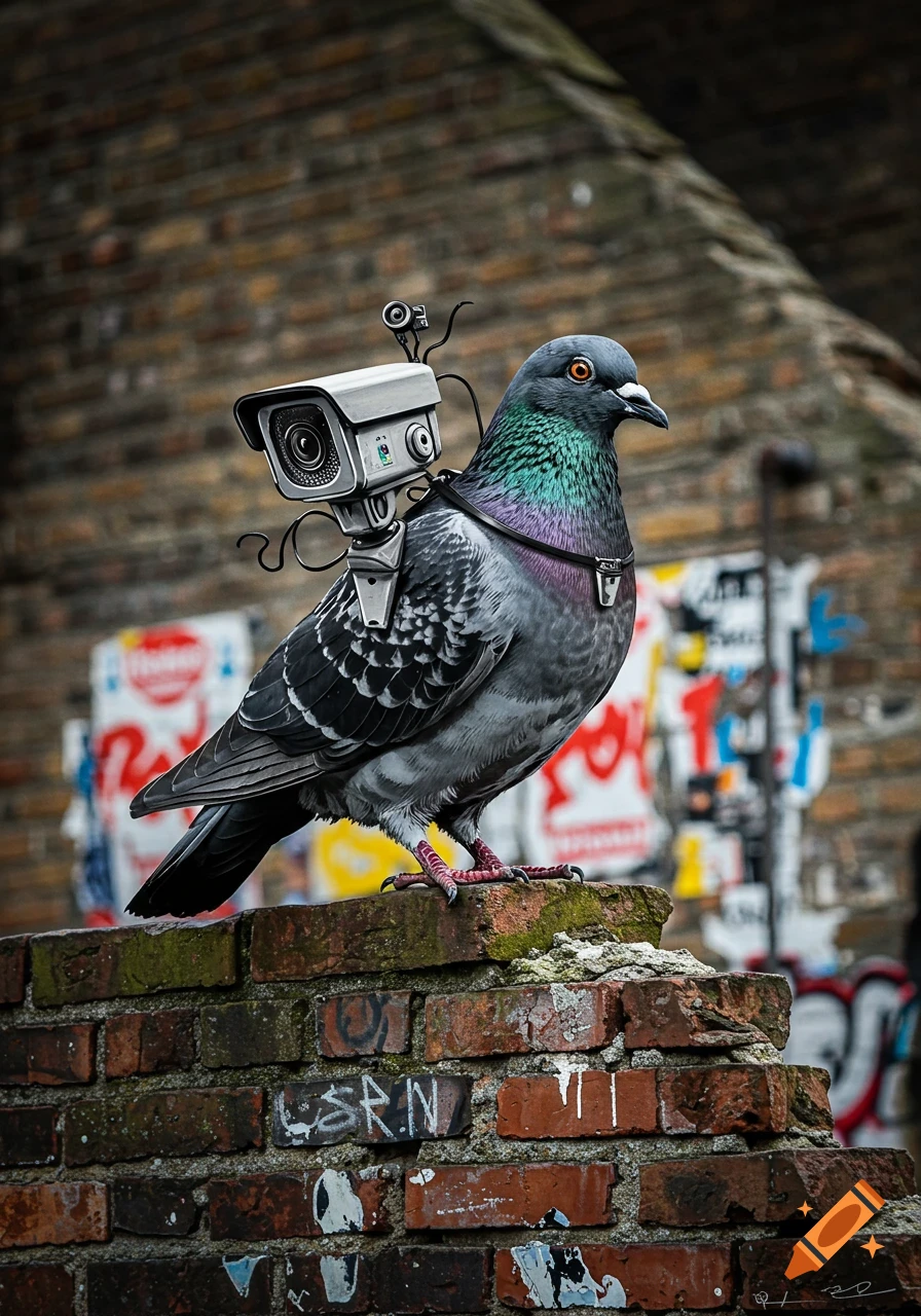 A photorealistic pigeon with a surveillance camera strapped to its back stands on a brick wall covered in graffiti and posters in an urban setting.