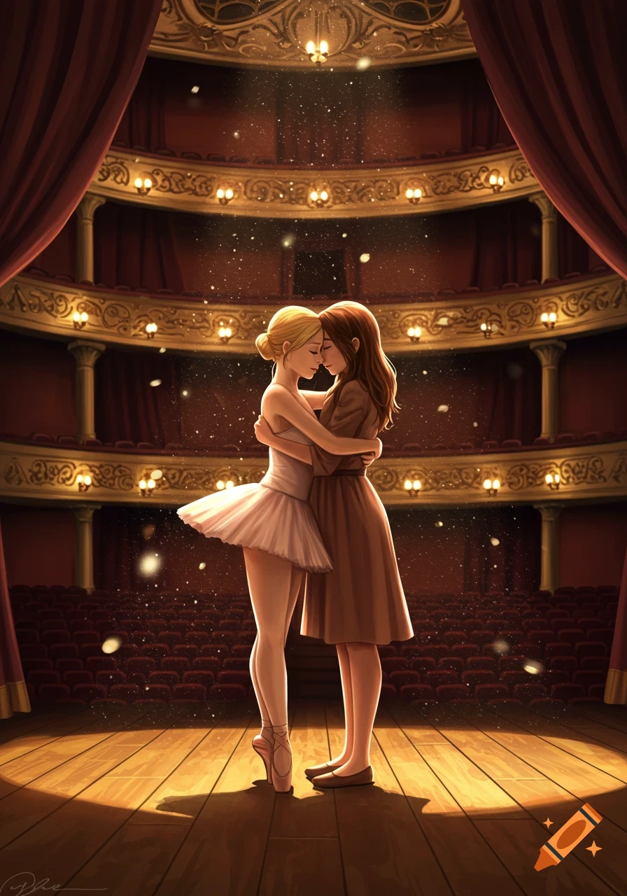 Blonde ballerina and a brown-haired girl embrace on a spotlighted theater stage with sparkling dust.