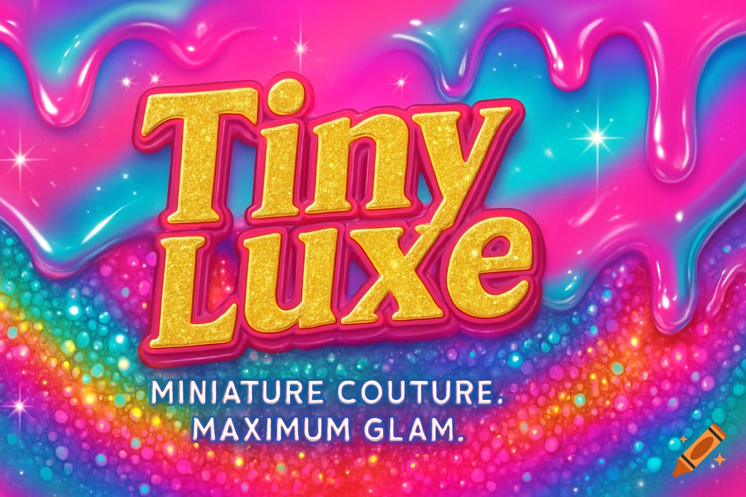 Glam Y2K Barbiecore banner with gold glitter text 'Tiny Luxe' and 'MINIATURE COUTURE. MAXIMUM GLAM.' on a neon, dripping, sequin background.