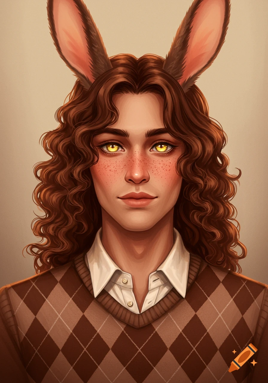A portrait of a demihuman with long curly brown hair, yellow eyes, freckles, bunny ears, and a brown argyle sweater.