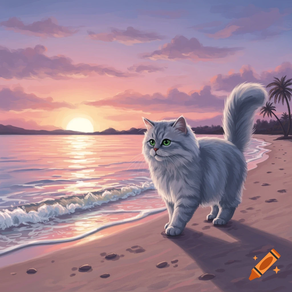 Fluffy grey cat with green eyes walks on a sandy beach at sunset, rendered in an illustrated style.