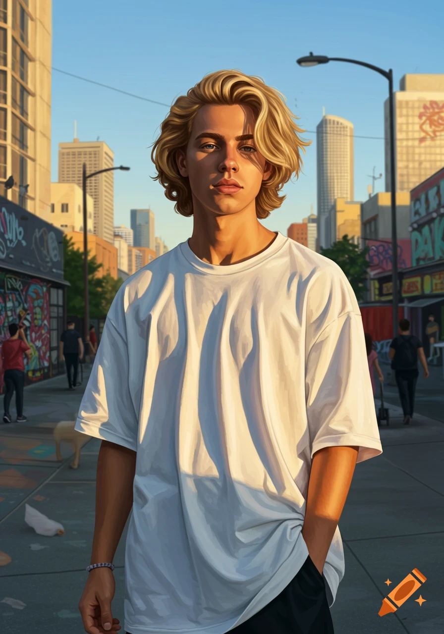 A handsome blonde guy with wavy hair wears a baggy white t-shirt and black pants, standing on a city street with graffiti-covered buildings and tall structures under a clear sky.