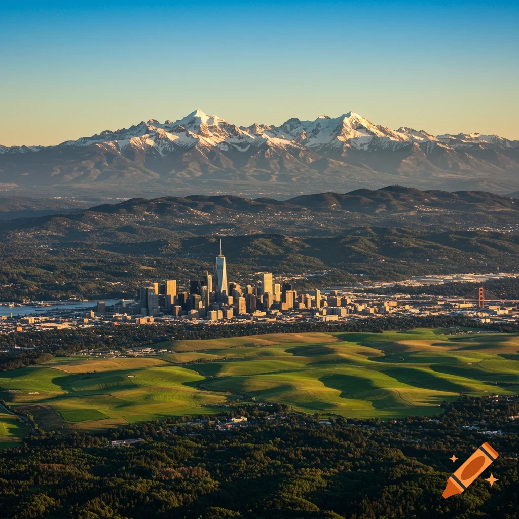 Photorealistic aerial view of a city with a tall skyscraper, green fields, rolling hills, and snow-capped mountains.