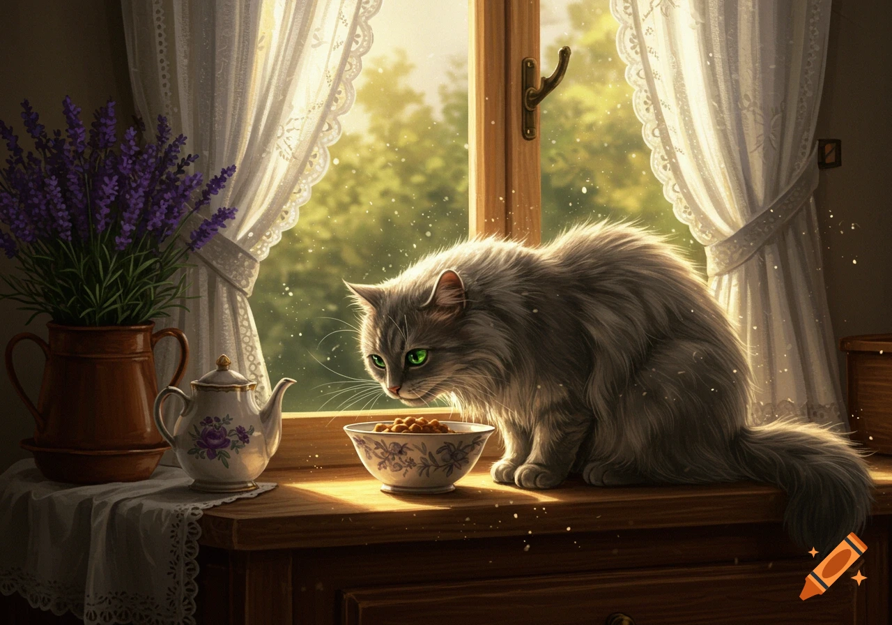 A fluffy grey cat eats from a bowl on a sunlit wooden windowsill, with white lace curtains and a lavender plant nearby.