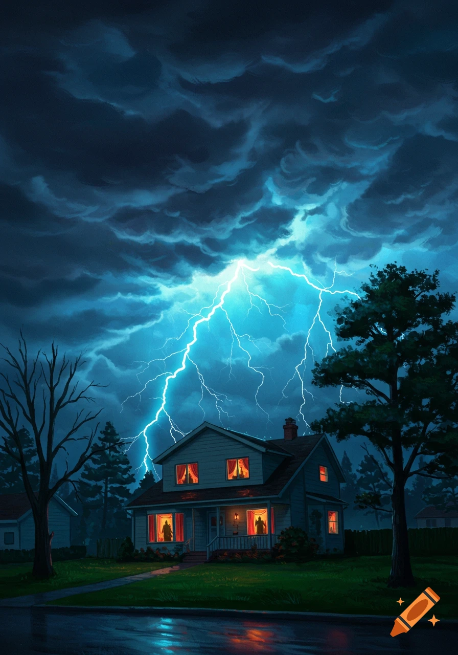 An illustrated suburban house under a dark, stormy sky with bright blue lightning, windows glowing orange.