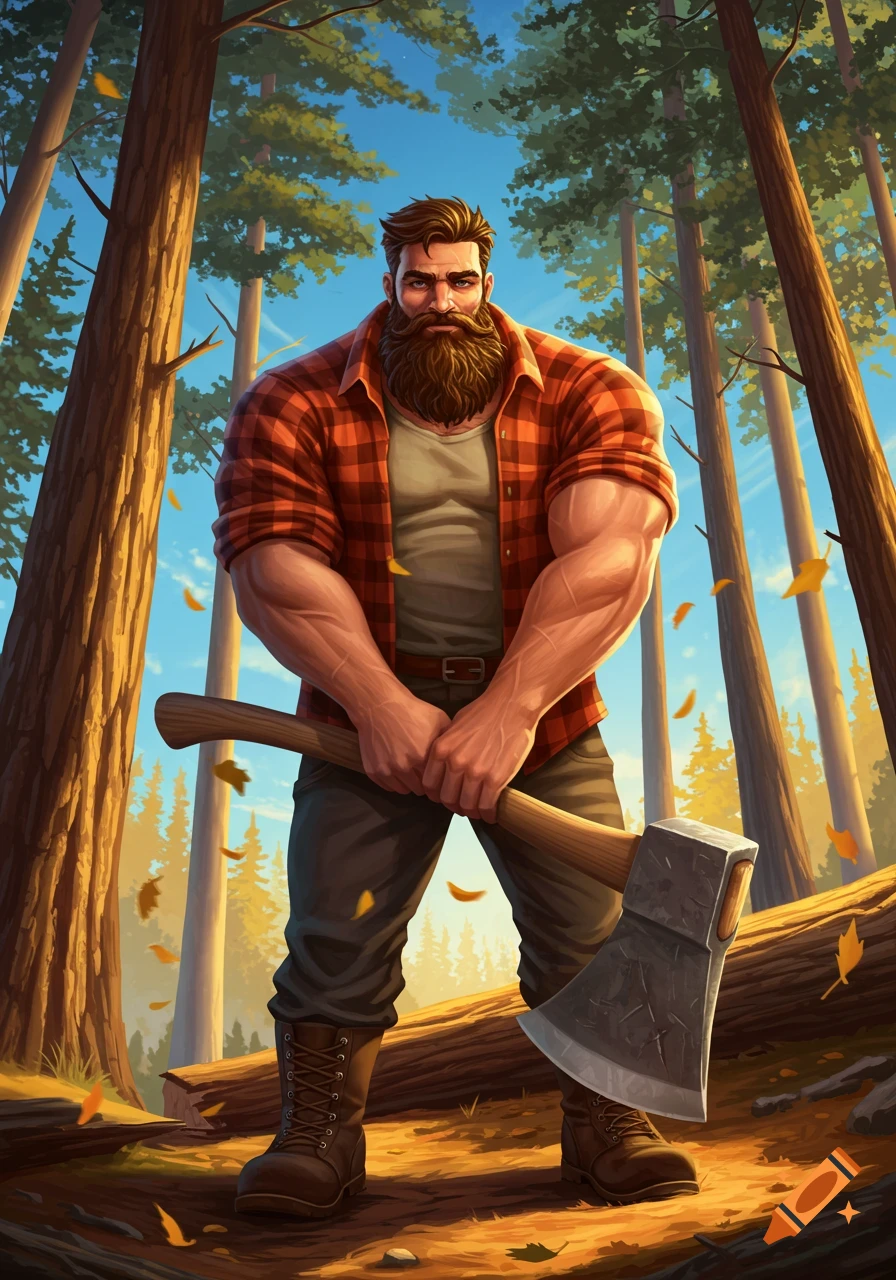 A muscular, bearded lumberjack in a plaid shirt and work boots stands in a sunlit forest, holding an axe.