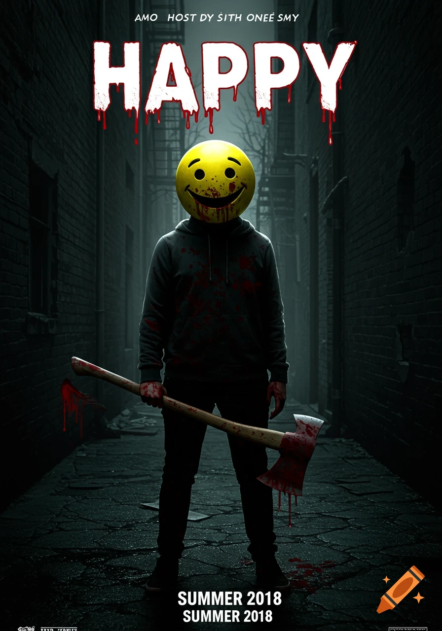 A horror movie poster featuring a person in a bloody smiley mask holding an axe in a dark alley.