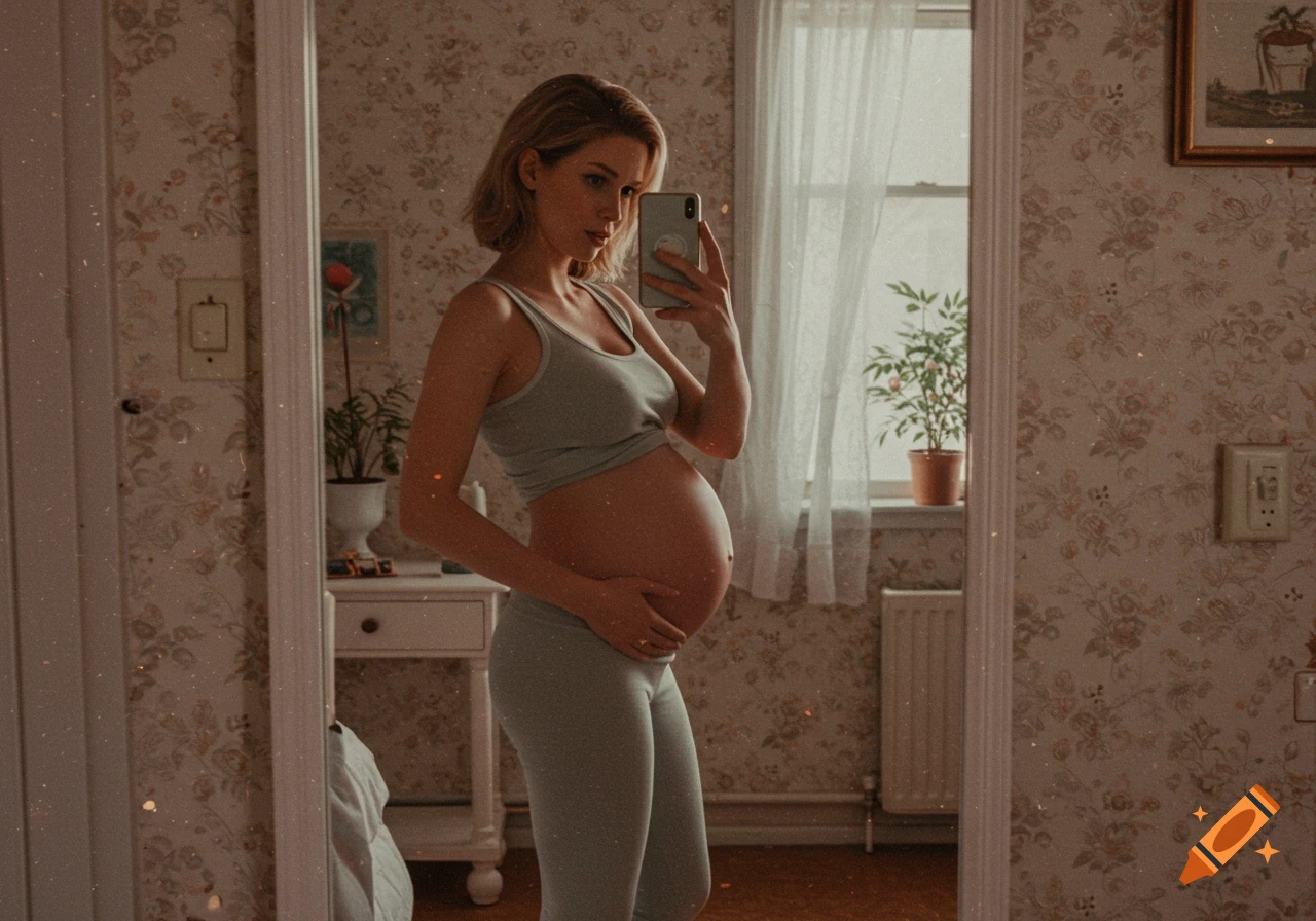 Pregnant woman in a tank top and leggings takes a mirror selfie in a room with patterned wallpaper, 90s style.