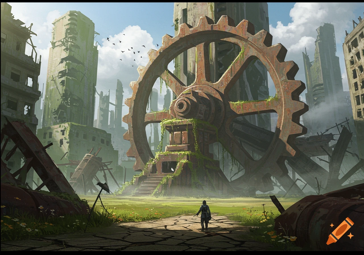 A giant rusty cog stands in the middle of a ruined, overgrown city as a lone figure walks towards it on a cracked path, digital painting.