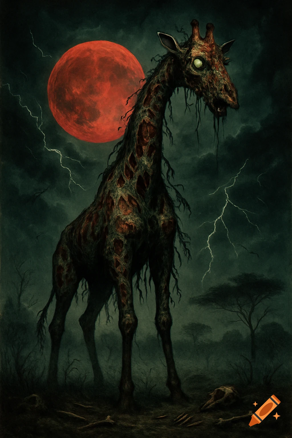 A decaying zombie giraffe with glowing eyes stands under a blood-red moon and lightning in a dark, stormy landscape with scattered bones.