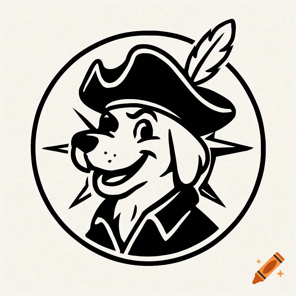 Black and white line art logo of a smiling dog wearing a pirate hat with a feather, set within a circle.
