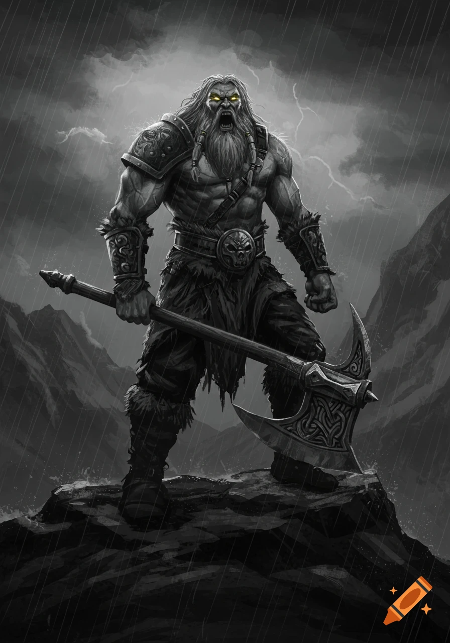 Grayscale illustration of a roaring, muscular, bearded warrior with glowing eyes, holding an axe on a stormy mountain summit.