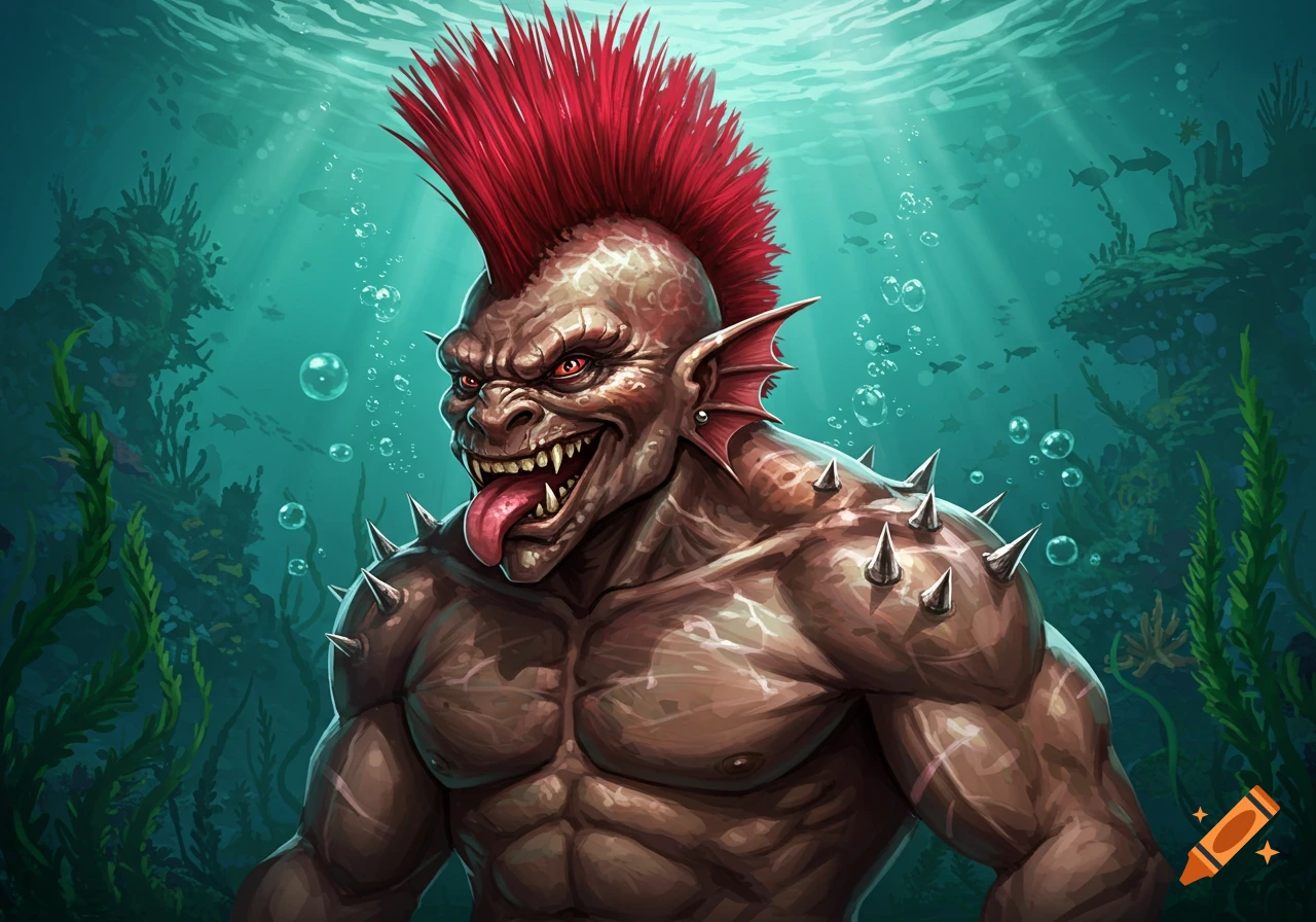 A fierce, brown punk rock triton with a red mohawk, spikes, and sharp teeth, sticking out its tongue underwater.