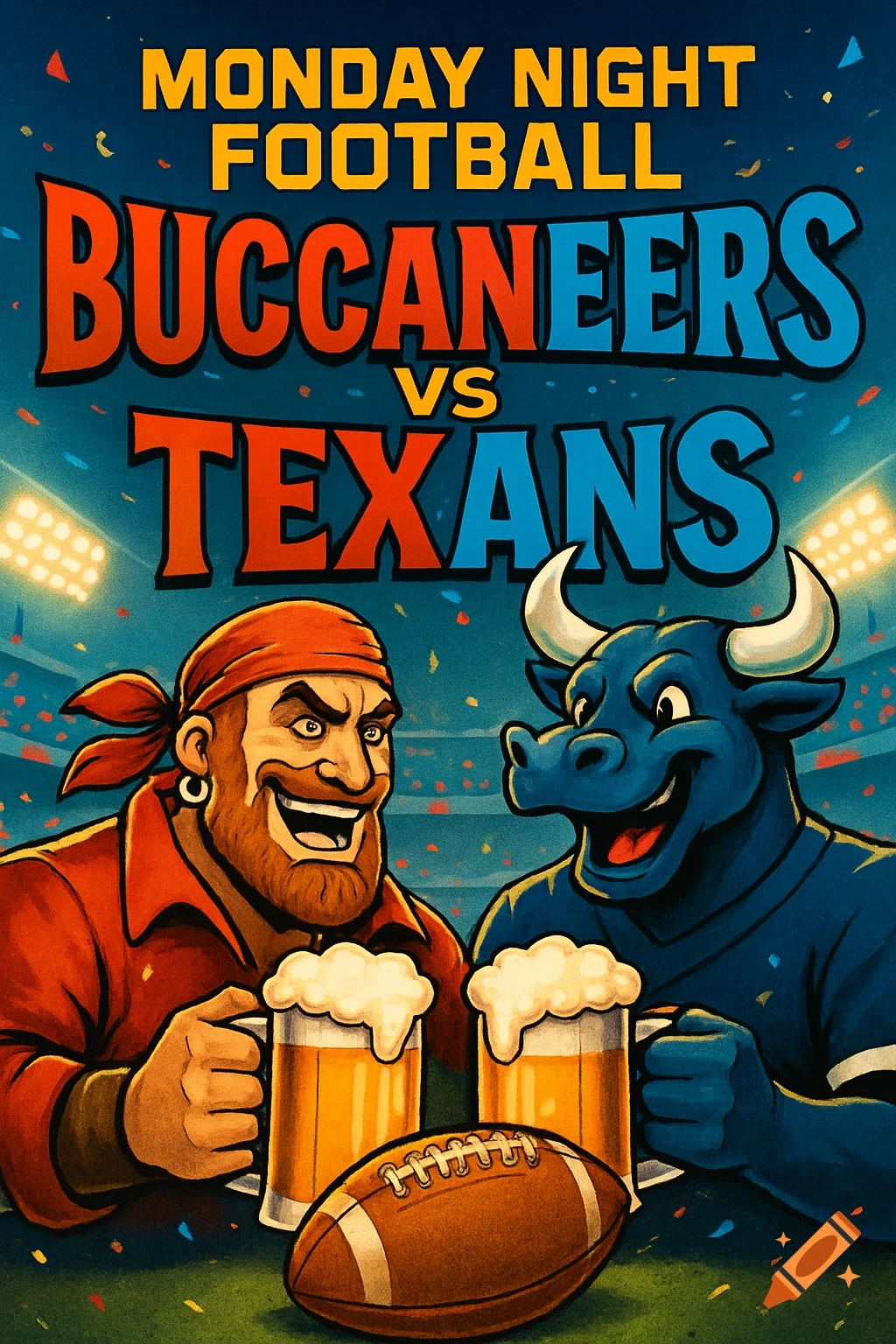 Cartoon flyer for Monday Night Football: smiling pirate and bull mascots hold beers with a football. Text: 'Buccaneers vs Texans'.